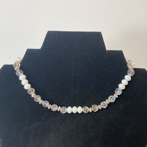 14" White and Clear Beaded Choker Necklace Magnetic Closure